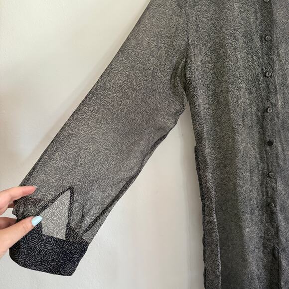 90s Vintage ROBBIE BEE | Navy and Tan Silk Chiffon Button Front Tunic Size 12 - Picture 5 of 7